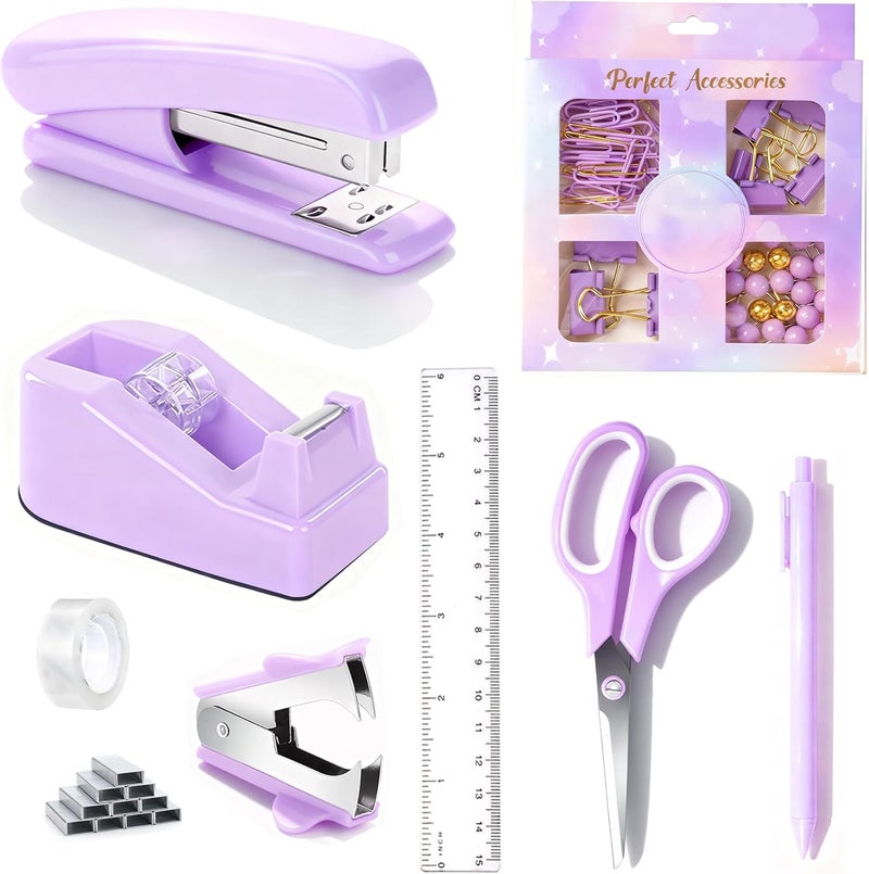 Dimonluce Purple Desk Accessories, Purple Office Supplies Accessories with Tape Dispenser, Stapler, Staple Remover, 1000 Staples, Tape, Clips Set, Ruler, Scissor, Pen - Image 1